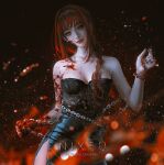  1girl artist_name bangs bare_shoulders black_nails blood blood_on_arm blood_on_breasts blood_on_chest blood_on_clothes blood_on_face blood_on_hands blood_splatter blurry blurry_background blurry_foreground braid braided_ponytail breasts chain chainsaw_man commentary depth_of_field dress english_commentary highres hime_cut lace long_hair looking_at_viewer makeup makima_(chainsaw_man) mascara medium_breasts mixed-language_commentary motion_blur nixeu red_eyes red_lips redhead sidelocks solo strapless strapless_dress tube_dress 