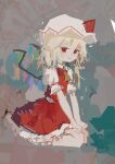  1girl ascot bangs blonde_hair brown_ascot closed_mouth collared_shirt crystal dress eyebrows_visible_through_hair flandre_scarlet frills grey_background hair_between_eyes hat hat_ribbon highres jewelry looking_at_viewer mob_cap multicolored_wings one_side_up puffy_short_sleeves puffy_sleeves red_dress red_eyes red_ribbon reddizen ribbon seiza shirt short_hair short_sleeves sitting solo touhou white_headwear white_shirt wings 