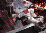  1girl armor battle berserk bisected blood braid breastplate cross death dragonslayer_(sword) dress fire flower gauntlets genshin_impact greatsword green_eyes grey_hair hair_flower hair_ornament hilichurl_(genshin_impact) holding holding_sword holding_weapon knight maid mask medium_hair motion_lines noelle_(genshin_impact) open_mouth pauldrons red_flower shoulder_armor single_pauldron slashing sword teeth toro3 upper_teeth vambraces weapon 