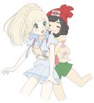  2girls :o aoaomzir backpack bag bangs beanie black_hair blonde_hair blue_sailor_collar blush bracelet braid closed_mouth commentary_request eyelashes green_eyes green_shorts hat high_ponytail highres hug hug_from_behind jewelry leg_up lillie_(pokemon) long_hair multiple_girls open_mouth pink_bag pleated_skirt pokemon pokemon_(game) pokemon_sm red_headwear sailor_collar selene_(pokemon) shirt short_hair short_sleeves shorts simple_background skirt smile t-shirt tied_shirt white_background white_shirt white_skirt 