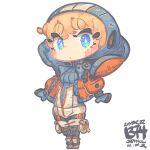  1girl :o apex_legends bangs blue_bodysuit blue_eyes blue_gloves blue_headwear blush bodysuit bright_pupils chibi dated gloves highres hood hooded_jacket jacket jr4rt knee_pads looking_to_the_side open_hands orange_jacket ribbed_bodysuit scar scar_on_cheek scar_on_face solo wattson_(apex_legends) white_background white_bodysuit white_pupils 