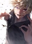  1boy between_fingers character_request commentary_request facial_mark glowing glowing_eyes grabbing highres incoming_attack inumaki_toge jujutsu_kaisen male_focus open_mouth seryo solo teeth violet_eyes white_hair 