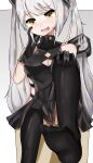  1girl absurdres black_dress black_gloves black_legwear blush breasts commentary destroyer_(girls&#039;_frontline) dress eyebrows_visible_through_hair fang feet foot_focus foot_out_of_frame girls_frontline gloves hand_on_own_face hand_on_own_knee highres leg_up long_hair looking_at_viewer looking_down medium_breasts no_shoes on_box open_mouth sangvis_ferri simple_background sitting skin_fang sleeveless smile soles solo sweatdrop thigh-highs tist twintails very_long_hair white_hair yellow_eyes 