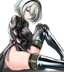  absurdres black_dress black_hairband blue_eyes boots cleavage_cutout clothing_cutout dress feather-trimmed_sleeves gloves hairband highres juliet_sleeves kaoru1307 leather leather_boots long_sleeves mole mole_under_mouth nier_(series) nier_automata no_blindfold puffy_sleeves silver_hair thigh-highs thighhighs_under_boots vambraces white_hair yorha_no._2_type_b 