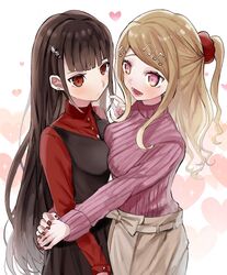  2girls :d akamatsu_kaede alternate_hairstyle bangs black_dress blonde_hair blush breasts brown_hair brown_skirt collared_shirt danganronpa_(series) danganronpa_v3:_killing_harmony dress dress_shirt earrings hair_ornament hair_scrunchie harukawa_maki heart hug jewelry large_breasts long_hair looking_at_another lower_teeth mameko_(hinata_ginae) multiple_girls musical_note_hair_ornament nalica_(animeflux) pink_eyes pink_sweater red_eyes red_nails red_scrunchie red_shirt scrunchie shirt skirt smile sweater teeth 