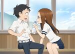  1boy 1girl bangs belt black_hair blue_pants blue_sailor_collar blue_skirt blush bottle brown_eyes brown_hair forehead holding holding_bottle karakai_jouzu_no_takagi-san long_hair nishikata nyoro_(nyoronyoro000) open_mouth pants parted_bangs plastic_bottle profile sailor_collar school_uniform shirt short_hair short_sleeves sitting skirt smug straight_hair takagi-san water_bottle white_belt white_shirt 