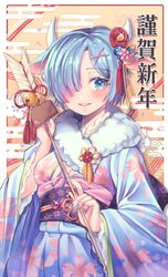  1girl :d absurdres bell blue_eyes blue_hair blue_kimono blue_nails border chinese_text commentary floral_print flower forehead fur_trim hair_flower hair_ornament hair_over_one_eye happy_new_year highres holding horns japanese_clothes jingle_bell kimono leehwa long_sleeves looking_at_viewer nail_polish open_mouth re:zero_kara_hajimeru_isekai_seikatsu rem_(re:zero) smile solo sparkle tassel teeth upper_teeth white_border wide_sleeves x_hair_ornament 