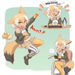  0x0082 1girl absurdres asymmetrical_legwear awooo beige_skirt belt black_jacket black_legwear blonde_hair blush bottle chair choker commentary coyote_(kemono_friends) coyote_ears coyote_girl coyote_tail extra_ears fang gloves highres jacket kemono_friends kemono_friends_v_project keyboard_(computer) long_sleeves microphone midriff_peek mouse_(computer) multicolored_hair multiple_views navel open_clothes open_jacket open_mouth pleated_skirt potato shirt short_hair sitting skirt solo spaghetti_strap striped striped_legwear thigh-highs translation_request two-tone_legwear water_bottle white_belt white_choker white_hair white_legwear white_shirt yellow_eyes yellow_gloves yellow_legwear zettai_ryouiki 