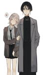  2girls absurdres aki_(_n_ff) black_hair black_shirt black_skirt brown_jacket closed_eyes closed_mouth coat collared_shirt commentary earrings expressionless feet_out_of_frame grey_coat grey_eyes grey_hair grey_shirt hand_in_pocket heart highres jacket jewelry long_sleeves looking_at_viewer mole mole_under_eye multiple_girls necklace original shirt short_hair simple_background skirt smile spoken_heart white_background 