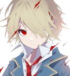  1girl blonde_hair blood blood_on_face blue_jacket closed_mouth hair_ornament heaven_burns_red highres jacket kayamori_ruka necktie one_eye_covered portrait red_eyes red_necktie shirt short_hair simple_background solo white_background white_shirt 