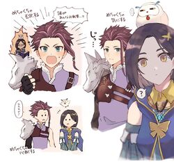  1boy 1girl ? annoyed armor bird black_hair blush braid fururu_(tales) green_eyes highres law_(tales) multicolored_hair owl rinwell_(tales) short_hair shoulder_armor shouting side_braid spoken_question_mark tales_of_(series) tales_of_arise translation_request wspread yellow_eyes 