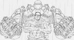  1boy abs commission english_commentary fallout_(series) fallout_4 flexing glasses greyscale highres kreuzer_00 liberty_prime mecha metal_gear_(series) metal_gear_rising:_revengeance monochrome muscular muscular_male nanomachines pose robot science_fiction signature simple_background steven_armstrong topless_male 