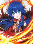  1girl :d absurdres bangs black_feathers blue_eyes blue_hair blush collarbone elbow_gloves feather_trim fire fire_emblem fire_emblem:_the_binding_blade fire_emblem_heroes gloves gold_trim hat highres jewelry lilina_(fire_emblem) looking_at_viewer misato_hao open_mouth red_gloves smile solo upper_body 