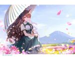  1girl ahoge braid breasts brown_eyes brown_hair character_name commentary_request field flower flower_field horse_girl irua looking_at_viewer medium_breasts mejiro_bright_(umamusume) mountain petals sky solo twin_braids umamusume umbrella 