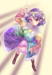  blue_hair boots bow commentary_request dress frills highres looking_at_viewer mizushima_hana multicolored_clothes multicolored_dress multicolored_hairband orange_sleeves patchwork_clothes pointing pointing_down pointing_up rainbow_gradient short_hair smile stitches tenkyuu_chimata touhou violet_eyes yellow_sleeves 