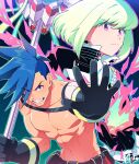  2boys androgynous black_gloves blue_eyes blue_hair galo_thymos gloves green_hair highres kiri_futoshi lio_fotia looking_at_viewer male_focus multiple_boys open_mouth otoko_no_ko pectorals promare short_hair smile topless_male 