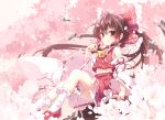  1girl absurdres ascot bow brown_eyes brown_hair closed_mouth collar detached_sleeves flower full_body hair_bow hair_tubes hakurei_reimu highres holding holding_flower isu_(is88) japanese_clothes long_hair navel nontraditional_miko red_bow red_footwear red_shirt red_skirt ribbon-trimmed_sleeves ribbon_trim shirt short_hair sidelocks sitting skirt smile solo touhou white_legwear yellow_ascot 