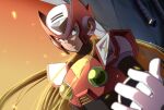  1boy android armor blonde_hair blue_eyes blurry blurry_foreground closed_mouth commentary_request helmet long_hair male_focus mega_man_(series) mega_man_x_(series) outdoors parco_1315 red_armor robot shaded_face shadow smile solo sparkle upper_body zero_(mega_man) 