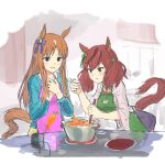  2girls absurdres animal_ears apron bangs blue_sweater brown_hair carrot cooking ear_covers grass_wonder_(umamusume) hands_on_own_chest highres horse_ears horse_girl horse_tail jtleeklm ladle leaning_forward long_hair long_sleeves multicolored_hair multiple_girls nice_nature_(umamusume) open_mouth parted_lips plant potted_plant red_eyes shirt smile streaked_hair sweater table tail teeth twintails umamusume upper_body white_shirt wide_sleeves 