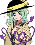  1girl absurdres aqua_eyes black_headwear blouse buttons closed_mouth commentary diamond_button eyebrows_visible_through_hair fingernails frilled_shirt_collar frilled_sleeves frills green_hair green_nails hand_on_own_chest hands_up hat hat_ribbon heart heart_of_string highres komeiji_koishi long_sleeves looking_at_viewer medium_hair mizoreshi nail_polish notice_lines one-hour_drawing_challenge open_hand ribbon simple_background smile solo split_mouth touhou upper_body v-shaped_eyebrows white_background wide_sleeves yellow_blouse yellow_ribbon 