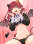  1girl :d absurdres bangs black_horns black_nails black_panties black_wings blunt_bangs blurry cosplay demon_girl demon_horns demon_tail demon_wings depth_of_field derivative_work fake_horns fake_wings fangs frilled_panties frilled_shirt frilled_shirt_collar frills from_below green_eyes haimura_kiyotaka hands_up highres horns kitagawa_marin long_hair long_pointy_ears long_sleeves nail_polish navel open_mouth panties pointy_ears puffy_sleeves redhead revealing_clothes revision rizu-kyun shirt sidelocks sitting sleeves_past_wrists smile solo sono_bisque_doll_wa_koi_wo_suru tail teeth twintails two_side_up underwear upper_body upper_teeth white_shirt wings 