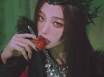  1girl black_hair black_nails crown eating eyeshadow food fruit green_eyes holding holding_food holding_fruit long_hair looking_at_viewer makeup multicolored_nails nail_polish real_life red_velvet_(group) seulgi_(red_velvet) solo strawberry upper_body white_nails zero_q_0q 