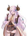  1girl asymmetrical_clothes asymmetrical_gloves bangs bare_shoulders belt blush braid breasts coat commentary_request draph dress fingerless_gloves gloves granblue_fantasy hair_ornament hair_over_one_eye hairclip horns large_breasts long_hair looking_at_viewer narmaya_(granblue_fantasy) open_mouth pink_hair pointy_ears s1a1nokoka shiny shiny_hair short_dress simple_background single_thighhigh sleeveless smile teeth thigh-highs thigh_strap thighs tied_hair turtleneck violet_eyes white_background 