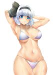  1girl absurdres armpits arms_behind_head bikini black_hairband black_ribbon blue_eyes bob_cut breasts commentary_request cowboy_shot hairband highres konpaku_youmu large_breasts navel poke200 ribbon short_hair silver_hair small_breasts solo swimsuit touhou wet wet_clothes wet_swimsuit white_bikini 