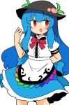 1girl :d arm_behind_back bangs black_headwear blouse blue_hair blue_skirt bow bowtie center_frills cowboy_shot eyebrows_visible_through_hair food frills fruit hat hinanawi_tenshi ini_(inunabe00) leaf long_hair looking_to_the_side open_mouth peach rainbow_order red_bow red_bowtie red_eyes short_sleeves simple_background skirt smile solo standing touhou white_background white_blouse
