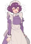  1girl alternate_costume apron bangs bernadetta_von_varley blush closed_eyes do_m_kaeru dress embarrassed enmaided eyebrows_visible_through_hair fire_emblem fire_emblem:_three_houses flying_sweatdrops holding holding_tray juliet_sleeves long_sleeves maid maid_headdress open_mouth puffy_sleeves purple_dress purple_hair short_hair simple_background solo tray waist_apron white_apron white_background 