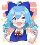  +_+ 1girl bangs blue_dress blue_eyes blue_hair bow bowtie breasts cirno collared_shirt commentary_request dress eyebrows_visible_through_hair hair_between_eyes highres ice ice_wings looking_at_viewer machimo medium_breasts open_mouth pink_background puffy_short_sleeves puffy_sleeves red_bow red_bowtie shirt short_hair short_sleeves smile solo star_(symbol) touhou upper_body v-shaped_eyebrows white_background white_shirt wings 