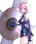  1girl armor armored_dress bare_shoulders black_dress breasts cowboy_shot dokudokku dress elbow_gloves eyebrows_visible_through_hair fate/grand_order fate_(series) gloves hair_over_one_eye highres mash_kyrielight pink_hair shield short_hair solo violet_eyes white_background 