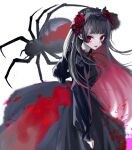  1girl bangs black_dress black_hair black_skirt black_widow_(spider) bug dokudokku dress flower hair_flower hair_ornament long_dress long_hair long_skirt long_sleeves original puffy_long_sleeves puffy_sleeves red_eyes ribbon-trimmed_sleeves ribbon_trim rose skirt solo spider white_background 