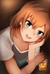  1girl :d bangs blush brown_hair collarbone eyebrows_visible_through_hair glass grey_eyes hair_between_eyes head_rest head_tilt indoors leaning_forward looking_at_viewer miyamori_aoi multicolored_hair open_mouth shirobako shirt short_hair short_sleeves sketch smile solo t-shirt tahita1874 two-tone_hair upper_body white_sleeves 