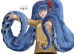  1girl @_@ bangs blue_eyes blue_hair eyebrows_visible_through_hair frills grey_background long_hair okbnkn open_mouth original simple_background solo suction_cups teeth tentacle_hair tentacles twintails upper_teeth very_long_hair 