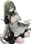  1girl bangs blush breasts cleavage_cutout clothing_cutout copyright_request elbow_gloves gloves green_eyes green_hair gun highres holding holding_gun holding_weapon large_breasts long_hair looking_at_viewer maid parted_lips simple_background sitting weapon white_background x_nuan 