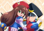  1boy 1girl android argyle argyle_background brother_and_sister brown_hair closed_mouth colonel_(mega_man) commentary_request green_eyes hat helmet iris_(mega_man) looking_at_viewer mega_man_(series) mega_man_x4 mega_man_x_(series) open_mouth parco_1315 robot siblings smile teeth tied_hair upper_body upper_teeth 
