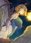  1girl ahoge bangs blonde_hair blue_eyes blue_leotard blush breasts breathing_fire clothing_cutout colored_sclera dragon_girl dragon_tail dragon_wings eyebrows_visible_through_hair fire griffon_(last_origin) ichihyaku_nanajuu korean_commentary large_breasts last_origin leotard monster_girl navel_cutout outdoors pointy_ears scales short_hair sky solo star_(sky) tail thigh-highs white_legwear wings yellow_sclera 