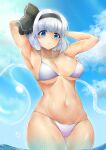  1girl absurdres armpits arms_behind_head bikini black_hairband black_ribbon blue_eyes blue_sky bob_cut breasts clouds commentary_request cowboy_shot hairband highres hitodama konpaku_youmu konpaku_youmu_(ghost) large_breasts navel poke200 ribbon short_hair silver_hair sky small_breasts soaking_feet solo swimsuit touhou water wet wet_clothes wet_swimsuit white_bikini 