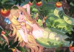  1girl :d apple bangs blonde_hair blue_eyes blurry blurry_foreground breasts commentary_request day depth_of_field eyebrows_visible_through_hair fang food fruit hair_between_eyes hair_censor hair_over_breasts highres holding holding_food in_tree jashin-chan jashin-chan_dropkick lamia long_hair looking_at_viewer monster_girl navel nude outdoors red_apple shanguier small_breasts smile solo tree v-shaped_eyebrows very_long_hair 