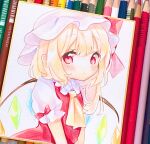  1girl ascot bangs blonde_hair blush bow closed_mouth collared_shirt crystal dress eyebrows_visible_through_hair flandre_scarlet frilled_shirt_collar frills hair_between_eyes hat hat_ribbon highres jewelry looking_to_the_side mob_cap moni_monico multicolored_wings one_side_up pencil puffy_short_sleeves puffy_sleeves red_bow red_dress red_eyes red_ribbon ribbon shirt short_hair short_sleeves simple_background solo touhou traditional_media white_background white_headwear white_shirt wings yellow_ascot 
