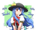  black_headwear blue_hair bow bowtie center_frills closed_mouth collared_shirt commentary eyelashes frills hat highres hinanawi_tenshi peach_hat_ornament puffy_short_sleeves puffy_sleeves rakkidei red_bow red_bowtie red_eyes shirt short_sleeves smile sun_hat touhou upper_body 