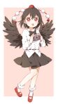  1girl black_hair black_skirt black_wings camera feathered_wings full_body geta hat highres holding looking_at_viewer mary_janes open_mouth pink_background red_eyes red_footwear sasaki_sakiko shameimaru_aya shirt shoes short_hair skirt smile socks solo tokin_hat touhou white_legwear white_shirt wings 