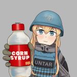  1girl blonde_hair blue_eyes bottle brown_gloves closed_mouth commentary english_commentary english_text escape_from_tarkov giving gloves gobyl grey_background grey_jacket helmet highres holding jacket load_bearing_vest long_sleeves looking_at_viewer military military_uniform sidelocks simple_background smile solo twitter_username uniform united_nations upper_body 