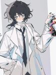  1boy bangs black_hair black_necktie breast_pocket collared_shirt commentary_request glitch grey_eyes hand_in_pocket highres holding labcoat male_focus medium_hair necktie open_clothes original orniflop pen pocket ponytail shirt simple_background solo white_shirt 