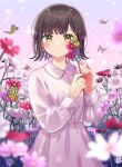  1girl bangs blunt_bangs blurry blurry_foreground blush brown_hair bug butterfly closed_mouth commentary dress earrings floral_background flower flower_earrings forehead frilled_sleeves frills green_eyes holding jewelry long_sleeves looking_at_viewer mizuki_(lvo0x0ovl) original outdoors petals pink_dress pink_flower red_flower red_nails short_hair smile solo split_mouth white_flower 