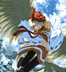  1girl :d bangs bird bird_wings black_legwear blonde_hair blue_sky chick closed_eyes clouds eyebrows_visible_through_hair highres kajatony multicolored_hair niwatari_kutaka open_mouth outdoors redhead short_hair sky smile snow tail_feathers touhou tree two-tone_hair wings yellow_wings 