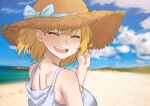  1girl bangs beach blonde_hair blush bow breasts brown_headwear closed_eyes clouds day dress griffon_(last_origin) hat hat_bow head_tilt ichihyaku_nanajuu korean_commentary large_breasts last_origin open_mouth outdoors short_hair sky solo sun_hat upper_body white_dress 