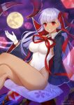  1girl bb_(fate) bb_(swimsuit_mooncancer)_(fate) black_coat coat cowboy_shot crossed_legs cushion dark-skinned_female dark_skin fate/grand_order fate_(series) full_moon gloves hair_ribbon highleg highleg_leotard leotard light_purple_hair long_hair moon noma_(kifyz23) popped_collar red_eyes red_ribbon ribbon solo tan tentacles white_gloves white_leotard 