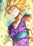 1boy aura blonde_hair blood blood_on_face child clenched_hands closed_mouth collarbone commentary debris dragon_ball dragon_ball_z electricity forehead green_eyes highres male_focus pointy_nose senri_gan serious short_hair sleeveless solo son_gohan spiky_hair toned toned_male torn_clothes upper_body v-shaped_eyebrows 